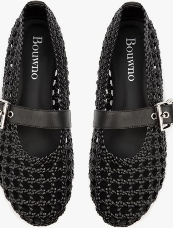 Shoes - Black Woven Mary Jane Flats with Buckle Strap